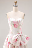 Floral Black and Pink Strapless Long Corset Prom Dress with Bow