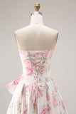 Floral Black and Pink Strapless Long Corset Prom Dress with Bow