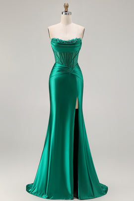 Dark Green Satin Mermaid Strapless Long Corset Prom Dress with Slit