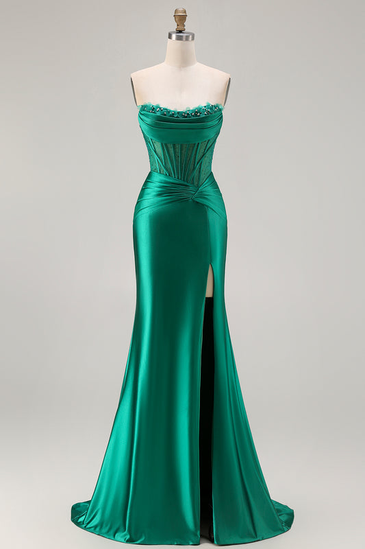 Dark Green Satin Mermaid Strapless Long Corset Prom Dress with Slit
