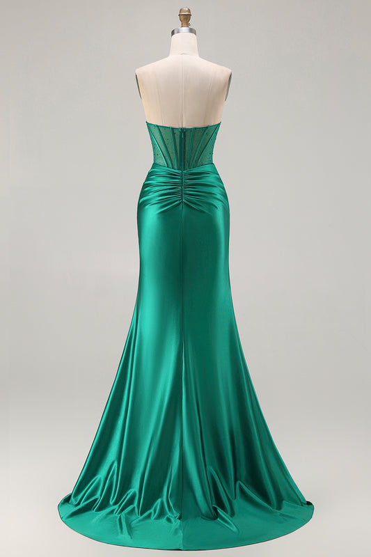 Dark Green Satin Mermaid Strapless Long Corset Prom Dress with Slit