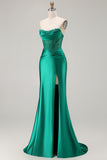 Dark Green Satin Mermaid Strapless Long Corset Prom Dress with Slit