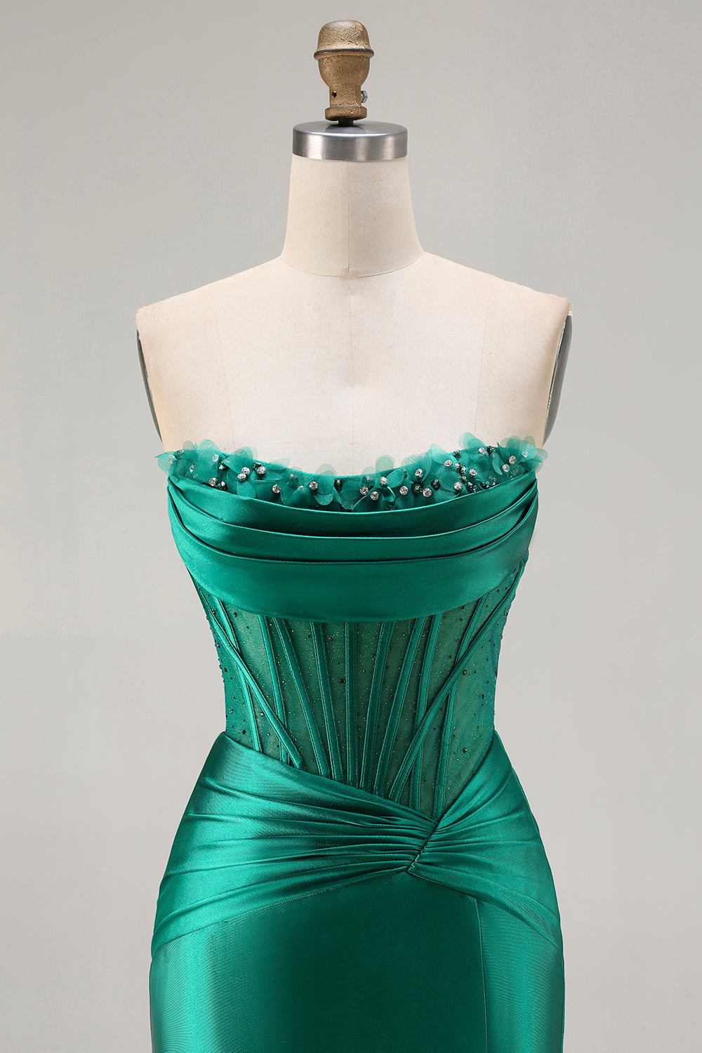 Dark Green Satin Mermaid Strapless Long Corset Prom Dress with Slit