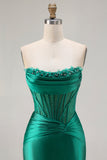 Dark Green Satin Mermaid Strapless Long Corset Prom Dress with Slit