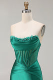 Dark Green Satin Mermaid Strapless Long Corset Prom Dress with Slit