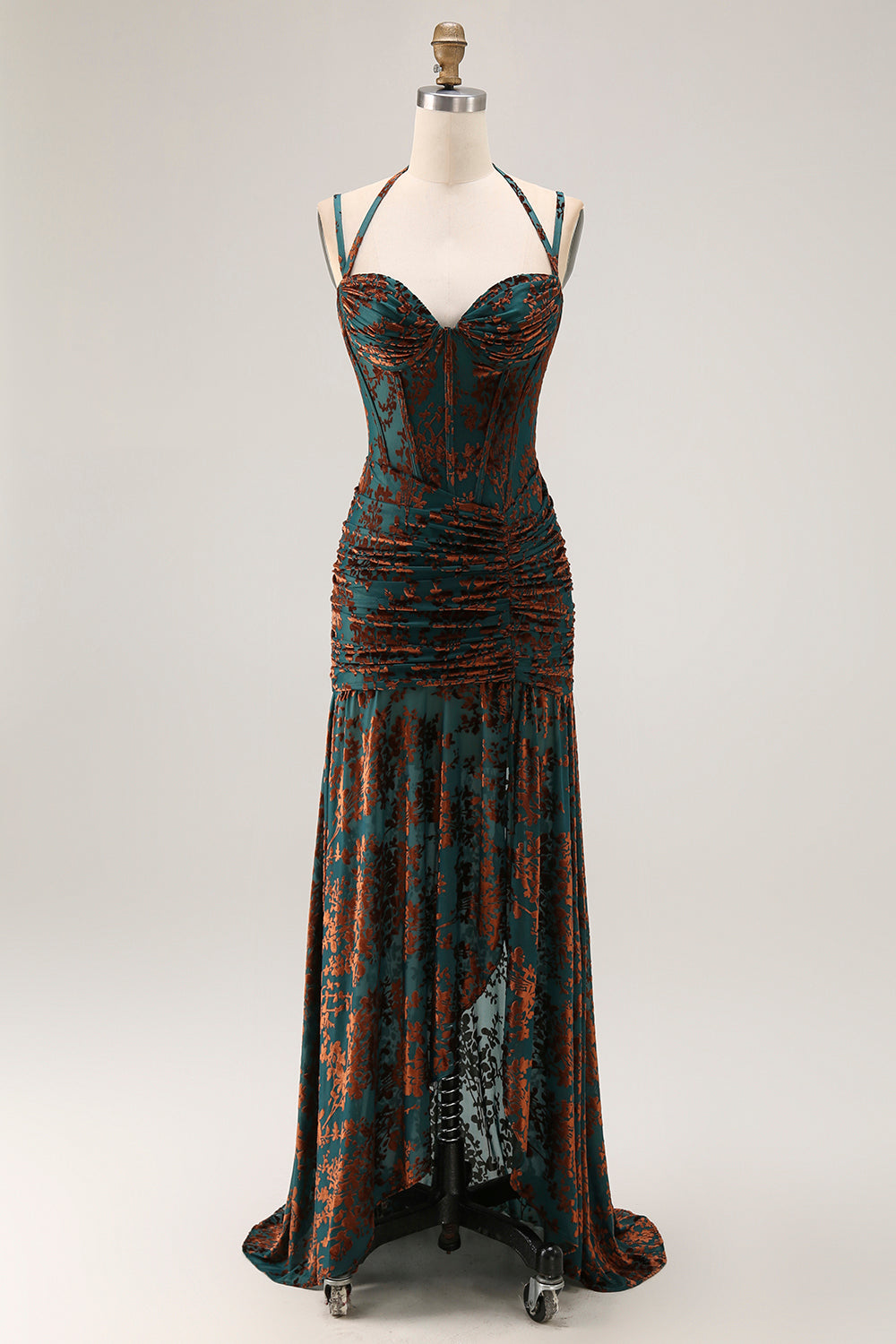 Dark Green Corset Floral Sheath Long Wedding Guest Dress with Slit