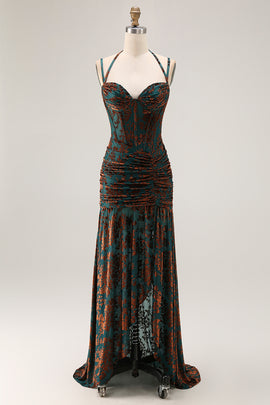 Dark Green Corset Floral Sheath Long Wedding Guest Dress with Slit