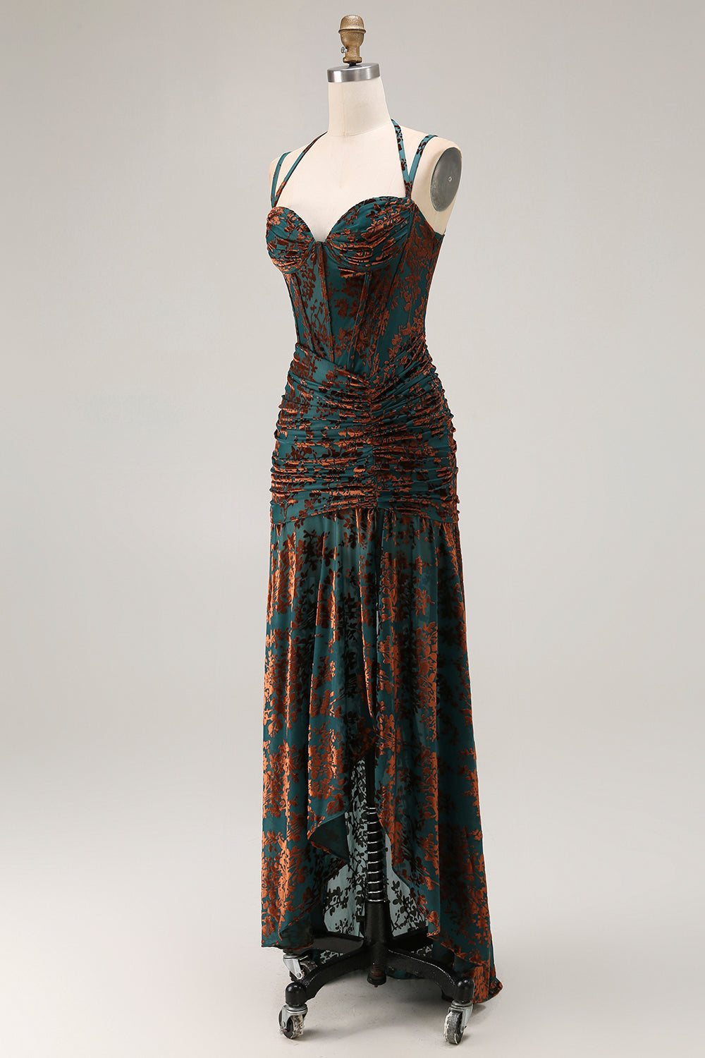 Dark Green Corset Floral Sheath Long Wedding Guest Dress with Slit