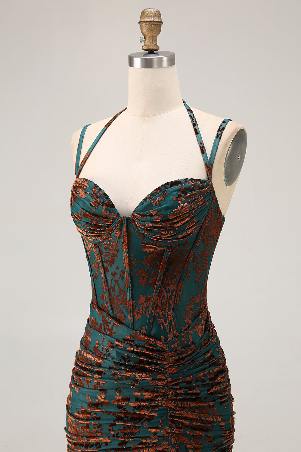 Dark Green Corset Floral Sheath Long Wedding Guest Dress with Slit