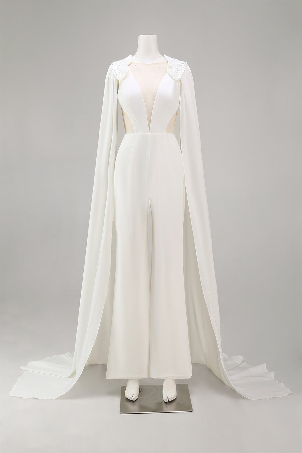 Ivory Deep V-Neck Cut Out Bridal Jumpsuits with Cape