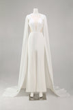 Ivory Deep V-Neck Cut Out Bridal Jumpsuits with Cape