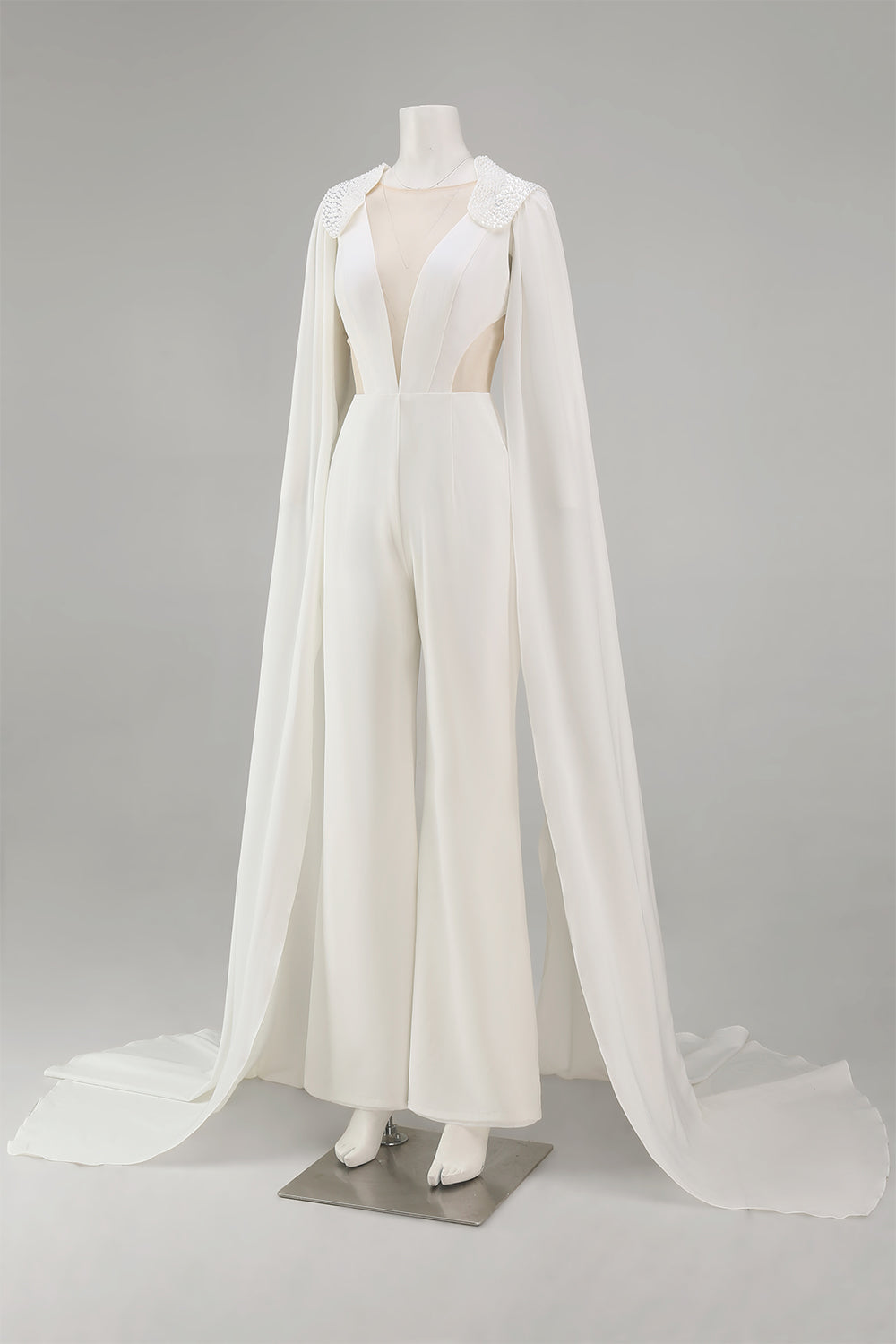 Ivory Deep V-Neck Cut Out Bridal Jumpsuits with Cape