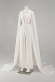 Ivory Deep V-Neck Cut Out Bridal Jumpsuits with Cape