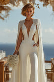 Ivory Deep V-Neck Cut Out Bridal Jumpsuits with Cape