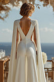 Ivory Deep V-Neck Cut Out Bridal Jumpsuits with Cape