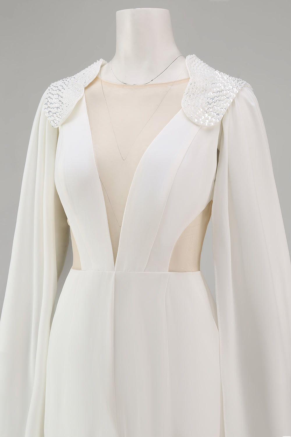Ivory Deep V-Neck Cut Out Bridal Jumpsuits with Cape