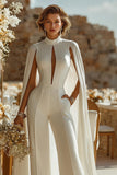 Ivory High Neck Keyhole Bridal Jumpsuits with Pockets