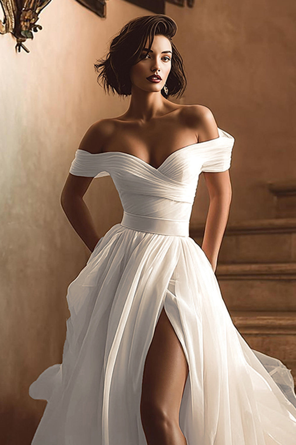 Zapakasa Women White Sweep Train Wedding Dress with Slit A Line Off the Shoulder Bridal Dress Zapakasa Women White Sweep Train Wedding Dress with Slit A Line Off the Shoulder Bridal Dress