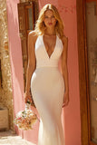 Simple Ivory Halter Mermaid Sweep Train Wedding Dress