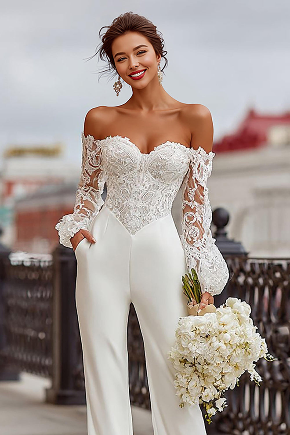 Zapakasa Women White Long Sleeves Bridal Jumpsuits with Lace Off the Shoulder Sheath Wedding Jumpsuits with Pockets Zapakasa Women White Long Sleeves Bridal Jumpsuits with Lace Off the Shoulder Sheath Wedding Jumpsuits with Pockets