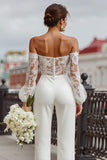 White Long Sleeves Off the Shoulder Bridal Jumpsuits with Lace