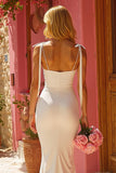 Ivory Mermaid Spaghetti Straps Floor-Length Wedding Dress with Bows