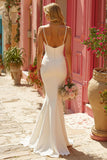 Simple Ivory Spaghetti Straps Mermaid Sweep Train Wedding Dress