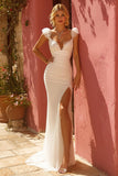 Simple Ivory Mermaid Sweep Train Wedding Dress with Slit