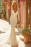 Ivory V-Neck Mermaid Sweep Train Wedding Dress with Sleeves