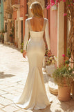 Ivory V-Neck Mermaid Sweep Train Wedding Dress with Sleeves