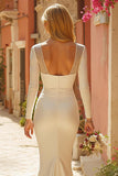 Ivory V-Neck Mermaid Sweep Train Wedding Dress with Sleeves