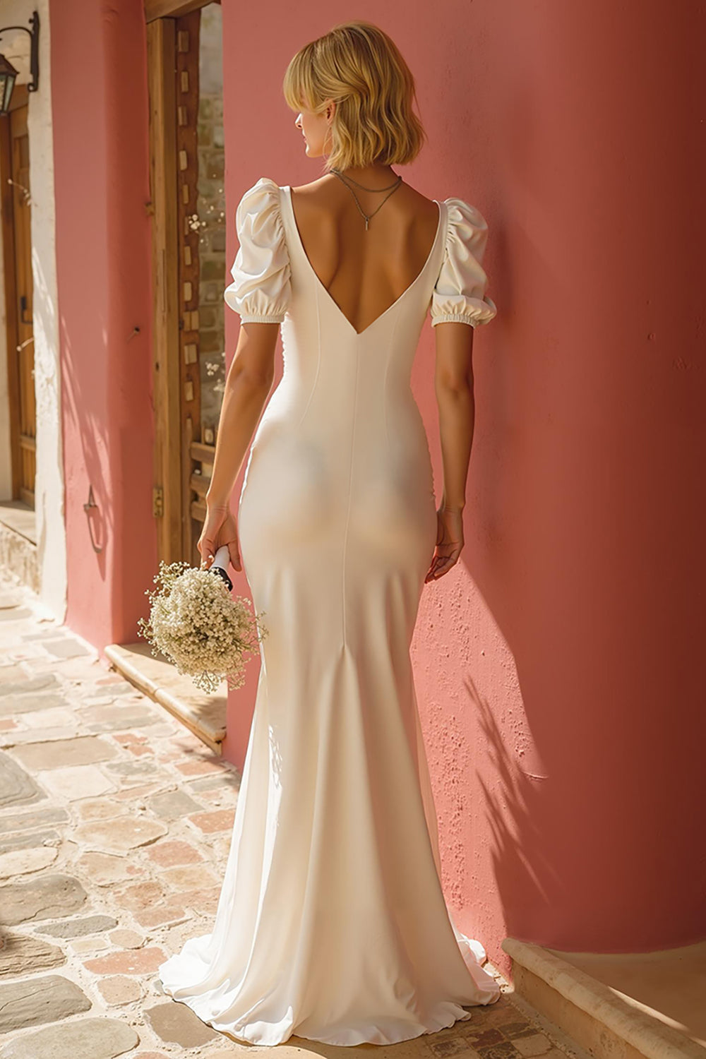 White Short Sleeves Mermaid Sweep Train Wedding Dress with Slit