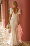 White Short Sleeves Mermaid Sweep Train Wedding Dress with Slit