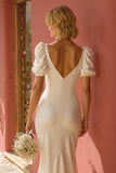 White Short Sleeves Mermaid Sweep Train Wedding Dress with Slit
