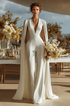 Ivory Satin Bridal Jumpsuits with Cape Deep V-Neck Wedding Jumpsuits
