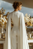 Ivory Satin Deep V-Neck Bridal Jumpsuits with Cape