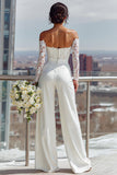 White Satin Sweetheart Bridal Jumpsuits with Lace