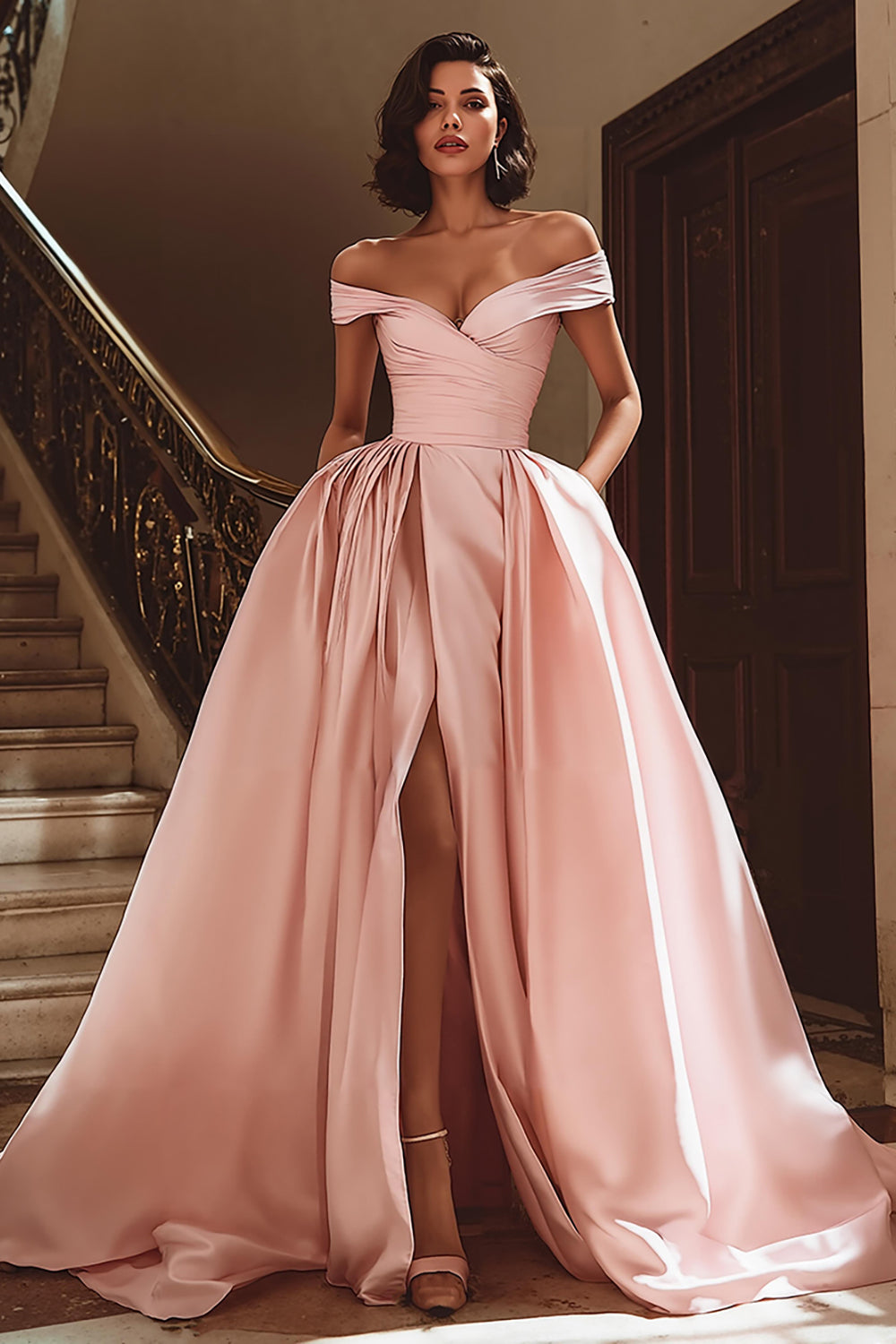 White Satin A Line Off the Shoulder Sweep Train Wedding Dress with Slit