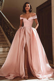 White Satin A Line Off the Shoulder Sweep Train Wedding Dress with Slit
