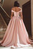 White Satin A Line Off the Shoulder Sweep Train Wedding Dress with Slit