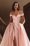 White Satin A Line Off the Shoulder Sweep Train Wedding Dress with Slit