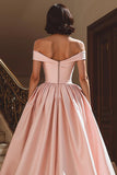 White Satin A Line Off the Shoulder Sweep Train Wedding Dress with Slit