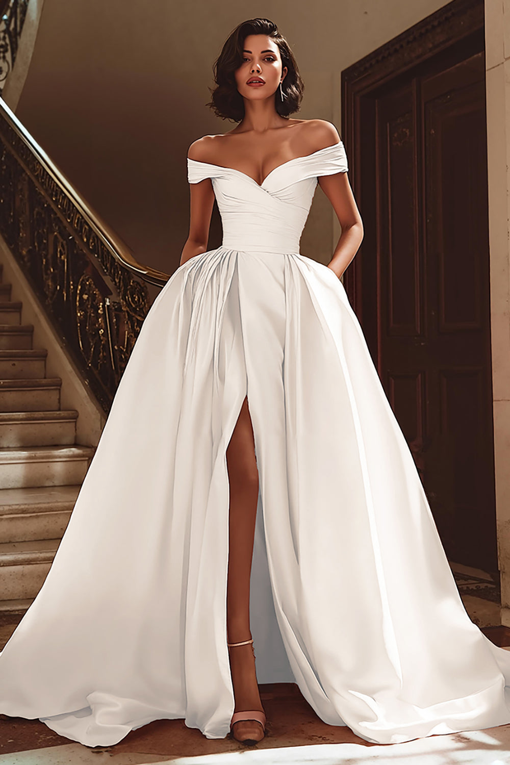 White Satin A Line Off the Shoulder Sweep Train Wedding Dress with Slit