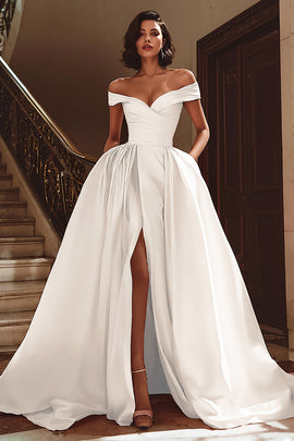 White Satin A Line Off the Shoulder Sweep Train Wedding Dress with Slit