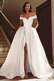 White Satin A Line Off the Shoulder Sweep Train Wedding Dress with Slit
