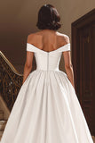 White Satin A Line Off the Shoulder Sweep Train Wedding Dress with Slit