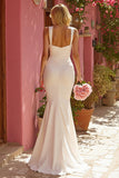 White Mermaid Thick Straps Floor-Length Wedding Dress with Rhinestone