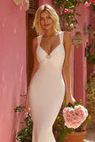 White Mermaid Thick Straps Floor-Length Wedding Dress with Rhinestone