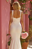 White Mermaid Thick Straps Floor-Length Wedding Dress with Rhinestone