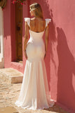 White Mermaid Cap Sleeves Ruched Floor-Length Wedding Dress with Slit